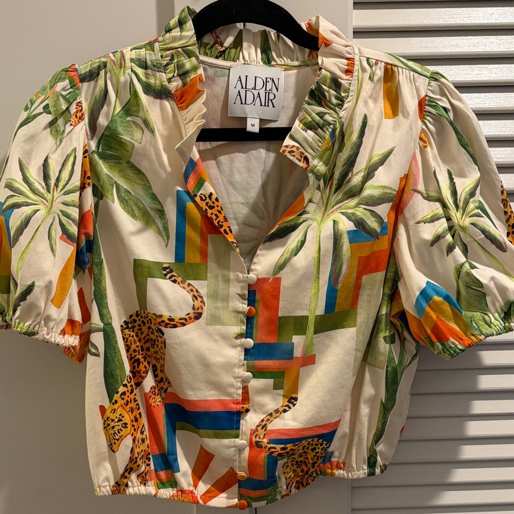 Alden Adair Cropped Puff Sleeve Tropical Print Blouse M